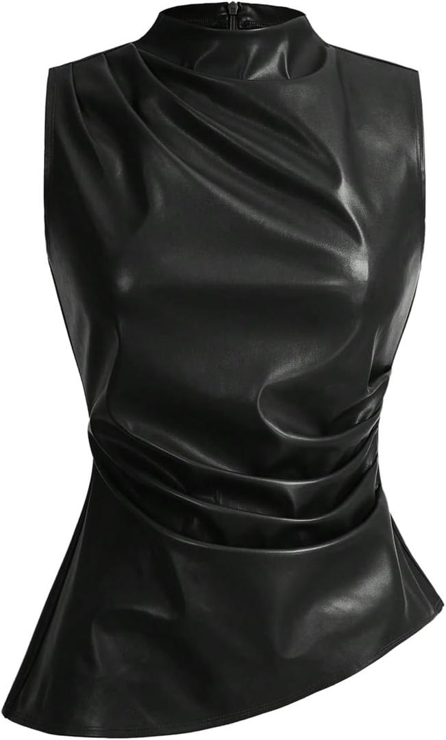 SHENHE Women's Mock Neck PU Leather Pleated Asymmetrical Sleeveless Fitted Dressy Tank Top (Black, XXL)