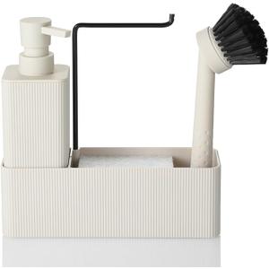 YAUKPH 4 in 1 Kitchen Soap Dispenser Set - Soap Dispenser Brush Sponge Holder Towel Rack   (Striped Beige )