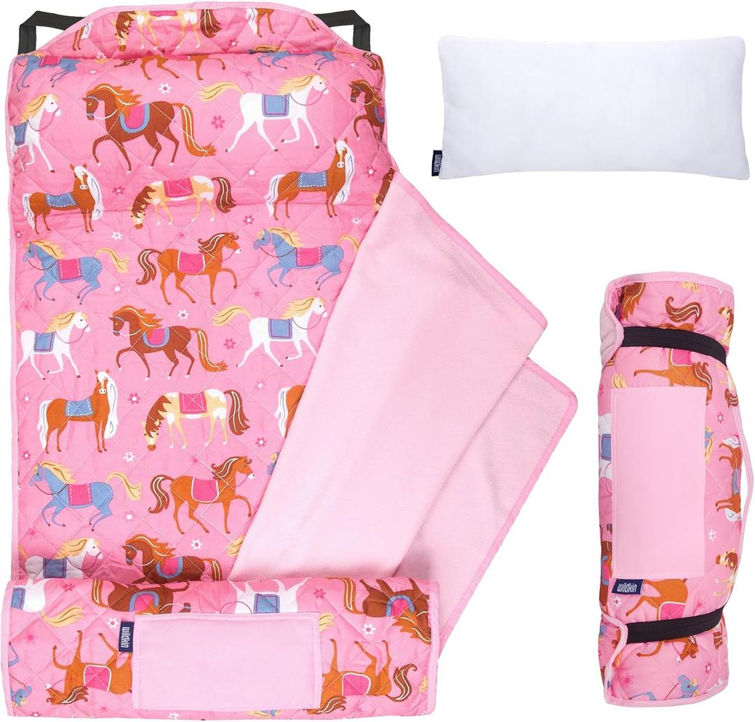 Wildkin Quilted Kids Nap Mat Soft Microfiber with Pillow & Elastic Straps for School & Travel