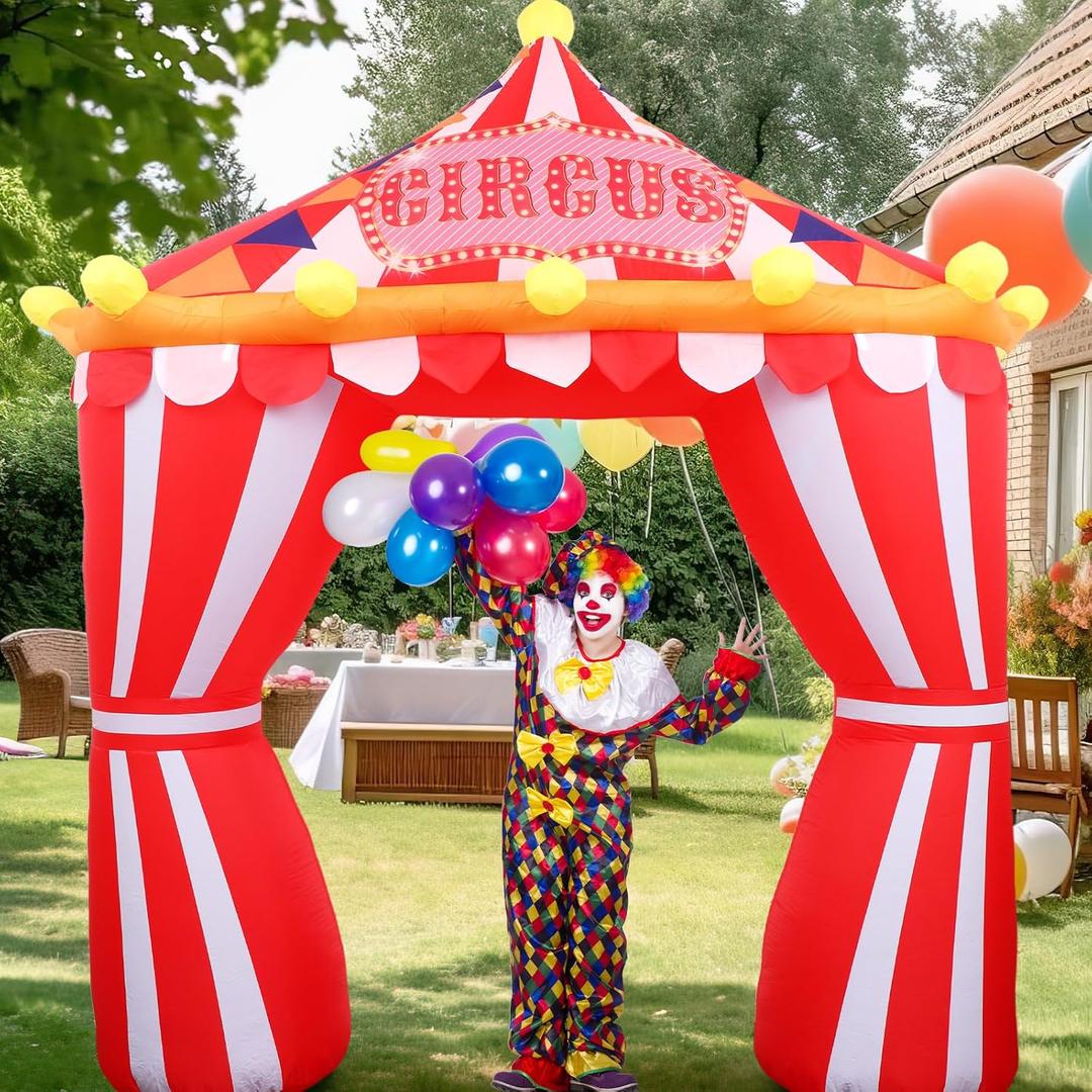 10ft Circus Party Decorations Inflatable Arch Blow up Tent Built in LED Lights Red and White Striped Archway for Circus Carnival Theme Birthday Party Decoration Outdoor Yard Garden Halloween Decor