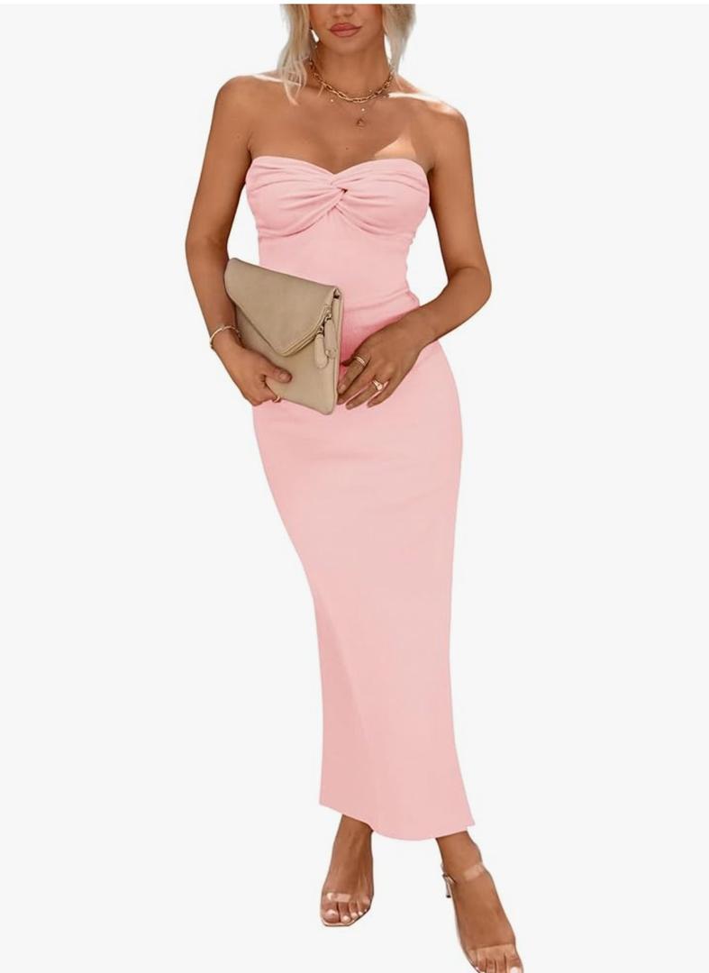 PRETTYGARDEN Women's 2026 Summer Bodycon Maxi Dress Strapless Tube Twist Knot Front Ribbed Knit Slit Cocktail Party Dresses size M