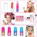 Hollyhi 58 Pcs Kids Makeup Kit for Girl, Princess Toys Real Washable Cosmetic Set with Mirror, Kids Makeup Sets for Girls, Play Make Up Birthday Gifts for 3 4 5 6 7 8 9 10 11 12 Years Old Kid (Pink)