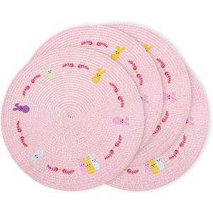 Whaline 4Pcs Easter Bunny Round Placemats Pink Rabbit Embroidered Place Mats Spring Cute Kitchen Table Mats for Home Wedding Baby Shower Birthday Dinner Party Decor
