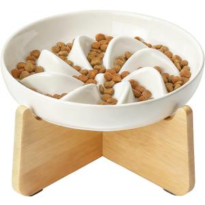 PETTOM Slow Feeder Cat Bowl with Stand, Ceramic Slow Eating Cat Bowl with Higher Edges Elevated Cats Food Bowls for Dry and Wet Food Anti-Vomiting Puzzle Feeder for Healthy Eating Diet (Milky White)