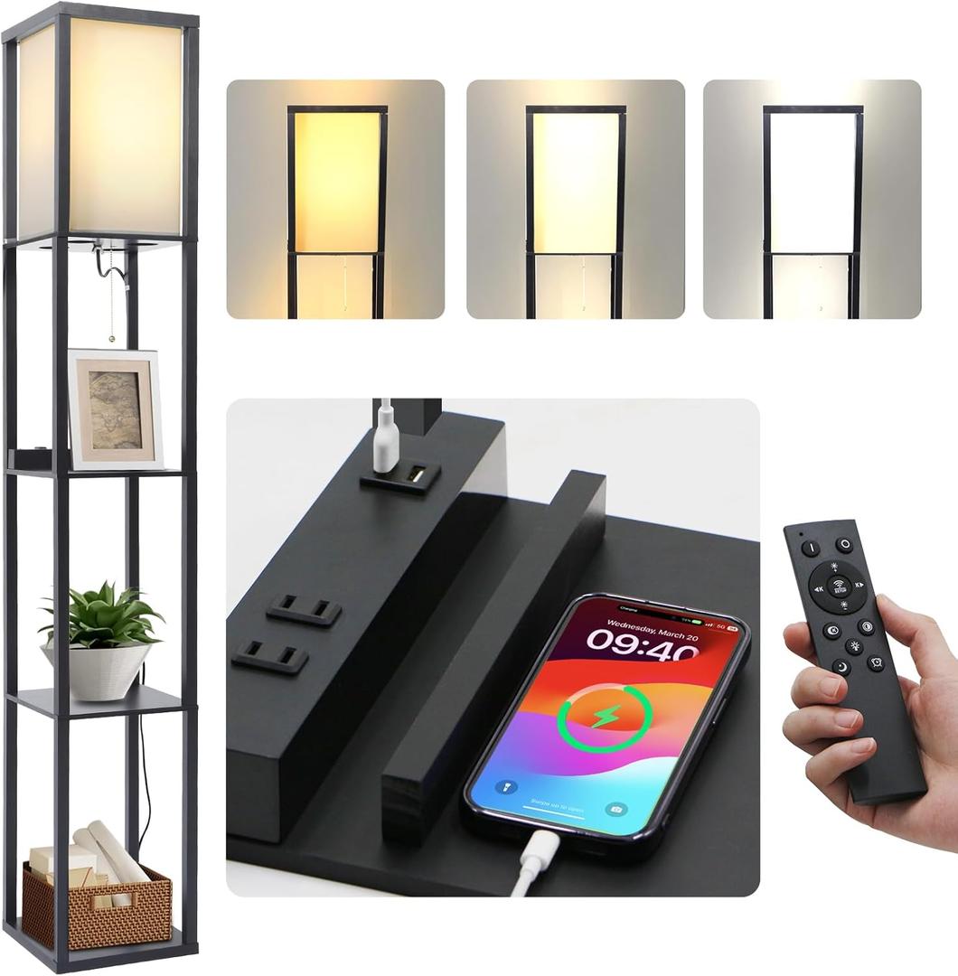 Dimmable Floor Lamp with Remote, Column Standing Lamp with 3 Level Brightness, Shelf Floor Lamp with 2 USB Ports, 2 Power Outlets and Remote
