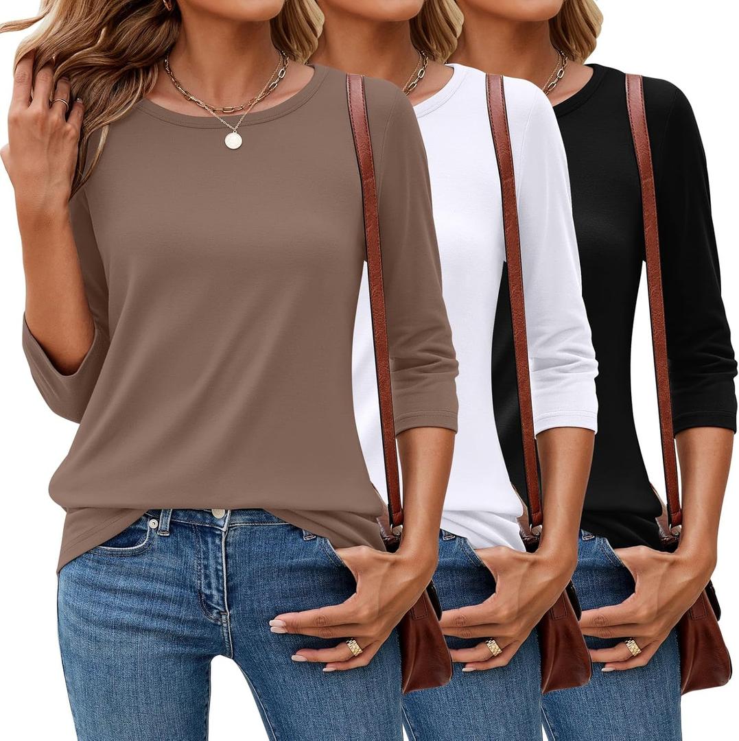 Ficerd 3 Pack 3/4 Sleeve Tops for Women Round Neck Dressy Basics Tees Casual Trendy Loose Fit T Shirts (X-Large, Black, White, Coffee)