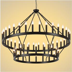2 Tier Black Large Wagon Wheel Chandelier, 54-Lights 60 Inch Farmhouse Pendant Light Fixture, Round Rustic Hanging Lighting for Dining Room Kitchen Island Foyer Entryway