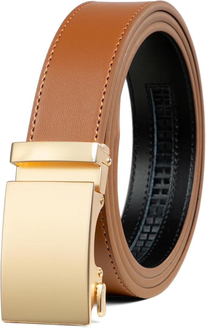 Founders & C Men's Ratchet Belt 1 3/8",Leather Dress Belt Adjustable with Click Sliding Buckle Trim to Exact Fit,Gold Buckle-tan Belt, 28"-42" Waist Adjustable