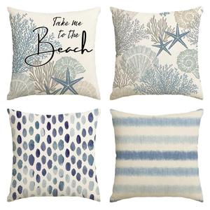 AVOIN colorlife Take Me to The Beach Summer Throw Pillow Covers, 18 x 18 Inch Blue Ocean Starfish Summer Cushion Case for Sofa Couch Set of 4