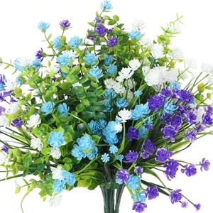 WILLBOND 12 Bundles Artificial Flowers Outdoor, UV Resistant Faux Artificial Plants Shrubs Plastic Flower Bulk for Hanging Planter Porch Window Home Spring Summer Decor(Blue, Purple, White)