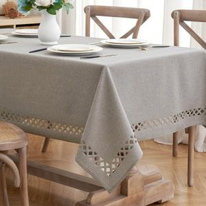 MIULEE Taupe Polyester Linen Rectangle Tablecloth with Decorative Cutouts Waterproof Stain Resistant Table Cloth Burlap Farmhouse Table Cover for Thanksgiving Dining Party Camping, 55 x 84 inch