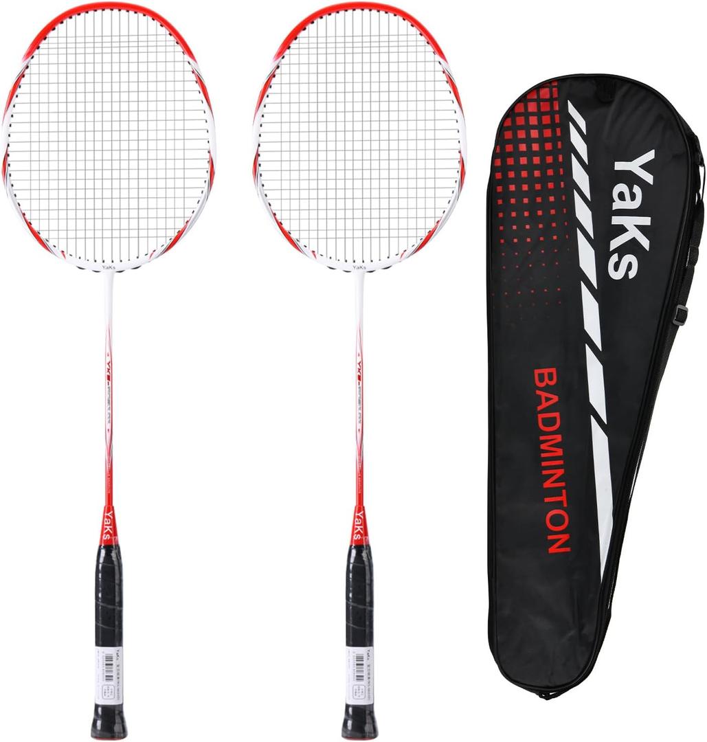YAKS 2PCS 3U Full Carbon Professional Ultra Light High Elastic Adult Student Training Badminton Racket Set Durable Type Red-White
