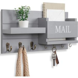 Mail Organizer for Wall Mount  Key Holder with Shelf Includes Letter Holder and Hooks for Hallway Farmhouse Decor  Rustic Wood with Flush Mounting Hardware (16.5 x 9.1 x 3.4) (Gray)