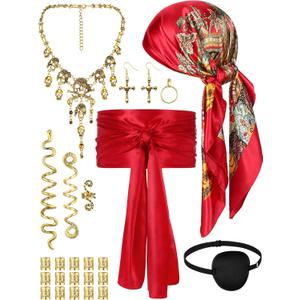 Remuuly 24 Pcs Pirate Costume Accessories Women Pirate Head Scarf Sash Belt Eye Patch Necklace Earring Snake Hair Accessory (Red and Gold)