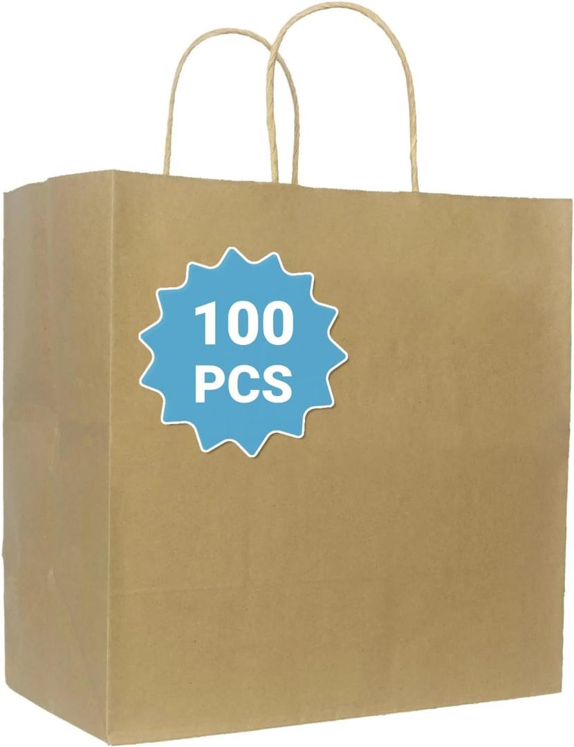 COGLARING 100Pcs Brown Gift Bags with Handles - 11x5.9x11 Inch Kraft Paper Bags for Parties, Weddings, Shopping, Grocery, Takeout & Retail - Bulk Brown Paper Gift Bags