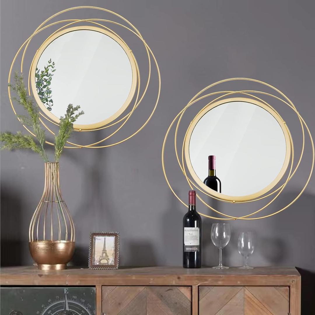 2 Set Circle Mirrors Wall Decor for Living Room Bedroom Bathroom Entryway Metal Round Mirror Mixed Size Ready to Hang Decorative Modern Boho Accent - Gold