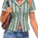 Tankaneo Womens Puff Sleeve Plaid Shirts Gingham Tops Y2k Summer Button Down Blouse Trendy Cute Fitted Going Out Tops (Green)