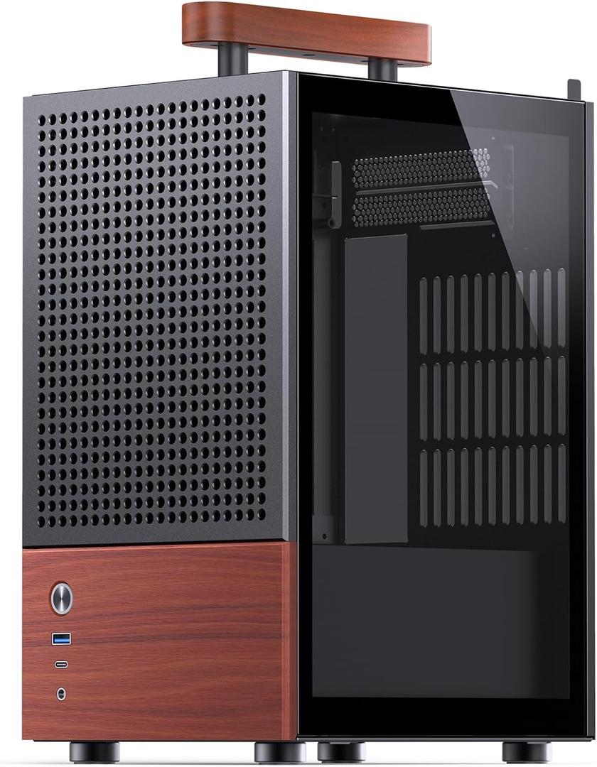 JONSBO T6 Black ITX PC Case, Mini Tower Aluminum Computer Case, with Multifunctional Handle, Walnut (Solid Wood) Panel.MB:DTX/ITX,Black Chassis