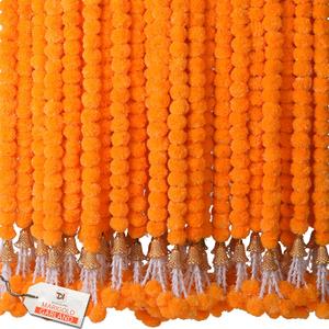 Marigold Garland for Decoration 5 Pcs of 5 feet Long Strands Artificial Marigold Flowers with Bell, Indian Dcor for Pooja/Diwali/Wedding/Christmas (Orange)