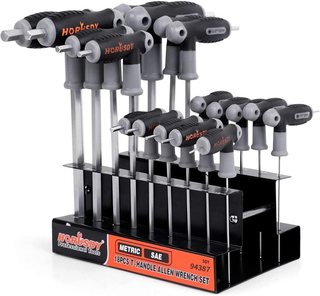 HORUSDY 18-Piece T-Handle allen wrench set, Inch/ Metric Long Arm Ball End Hex Key Wrench Set, MM(1.5mm-10mm) SAE(1/ 16"-3/ 8")