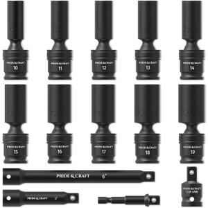 PRIDE&CRAFT 3/8 Drive Deep Universal Socket Set, 14 Piece Cr-Mo Steel Air Tool Accessories for Automotive & Machinery, 6-Point Universal Joint Socket, Metric,10-19mm,with Extension Bars