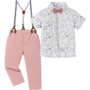 DISAUR Boys Suits 3 Pieces Formal Dress Shirt with Bowtie+Suspender Pants Boy Gentleman Outfits Set (Pink, 4-5T)