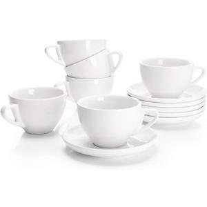 Sweese 6 Ounce Cappuccino Cups with Saucers, Porcelain Double Espresso Cups Set of 6 - White