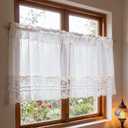 White Pom Pom Lace Sheer Curtain Valance for Kitchen Windows French Floral Lace Sheer Half Curtains for Dining Room Living Room Elegant Pompom Sheer Valance Rod Pocket 1 Panel (W59 L20 inch,White)