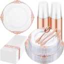 Hioasis 175pcs Clear Rose Gold Plastic Plates - Elegant Disposable Dinnerware Set Suitable for 25 Guests Include 10.25" Dinner & 7.5" Dessert Plates, Cutlery, Napkins, Cups for Party