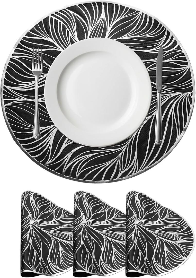 uxcell Silver Black Round Seaweed Shaped Placemats Set of 4 for Dinner Tables, Metallic Polyvinyl Pressed Placemats Washable Table Mats for Dinner Table Decor (15" x 15"/38 x 38cm)
