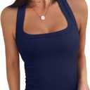 REORIA Built in Bra Tank Tops for Women Summer Sleeveless Racerback Square Neck Casual Basic Ribbed Tops 2026 (Blue, M)