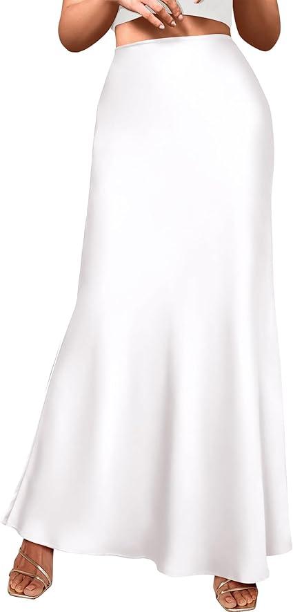 Skirt for Women Midi Length High Waist Silk Satin Elasticized Cheetah Casual Ladies Skirts, Small, White 