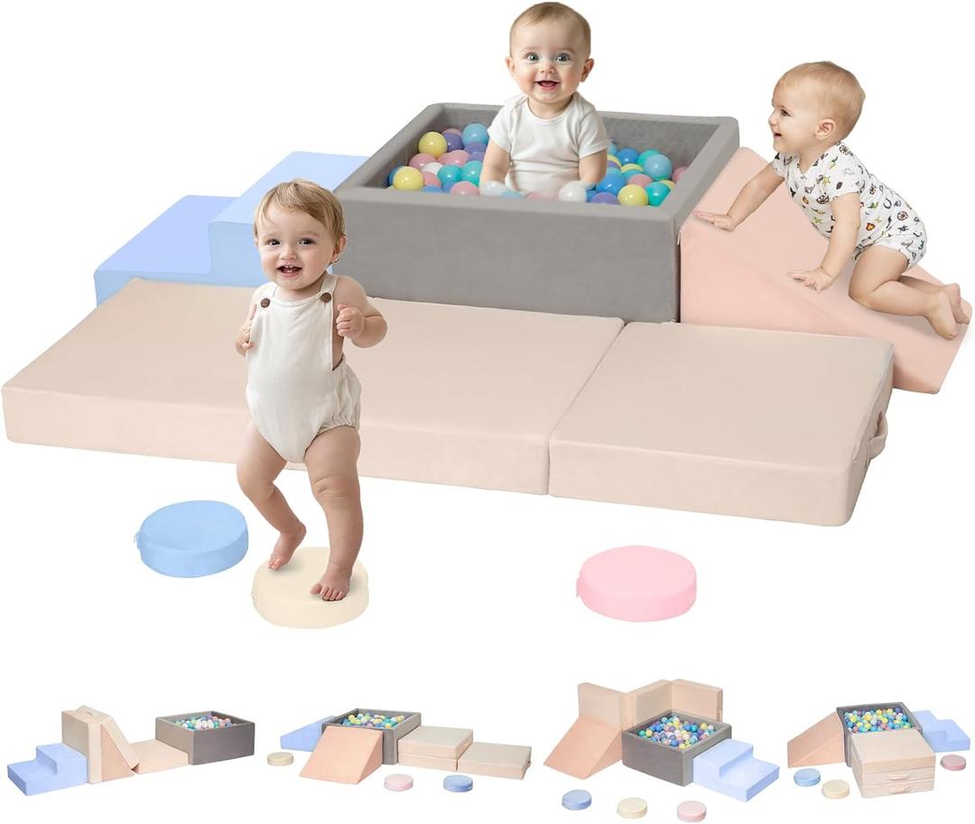CAMELUS Climbing Toys for 1 Year Old, Baby Foam Climbing Blocks with Large Ball Pit for Toddlers, 7-Piece Soft Play Set, Indoor Climber Crawl Activity Play, Birthday (Balls not Included)