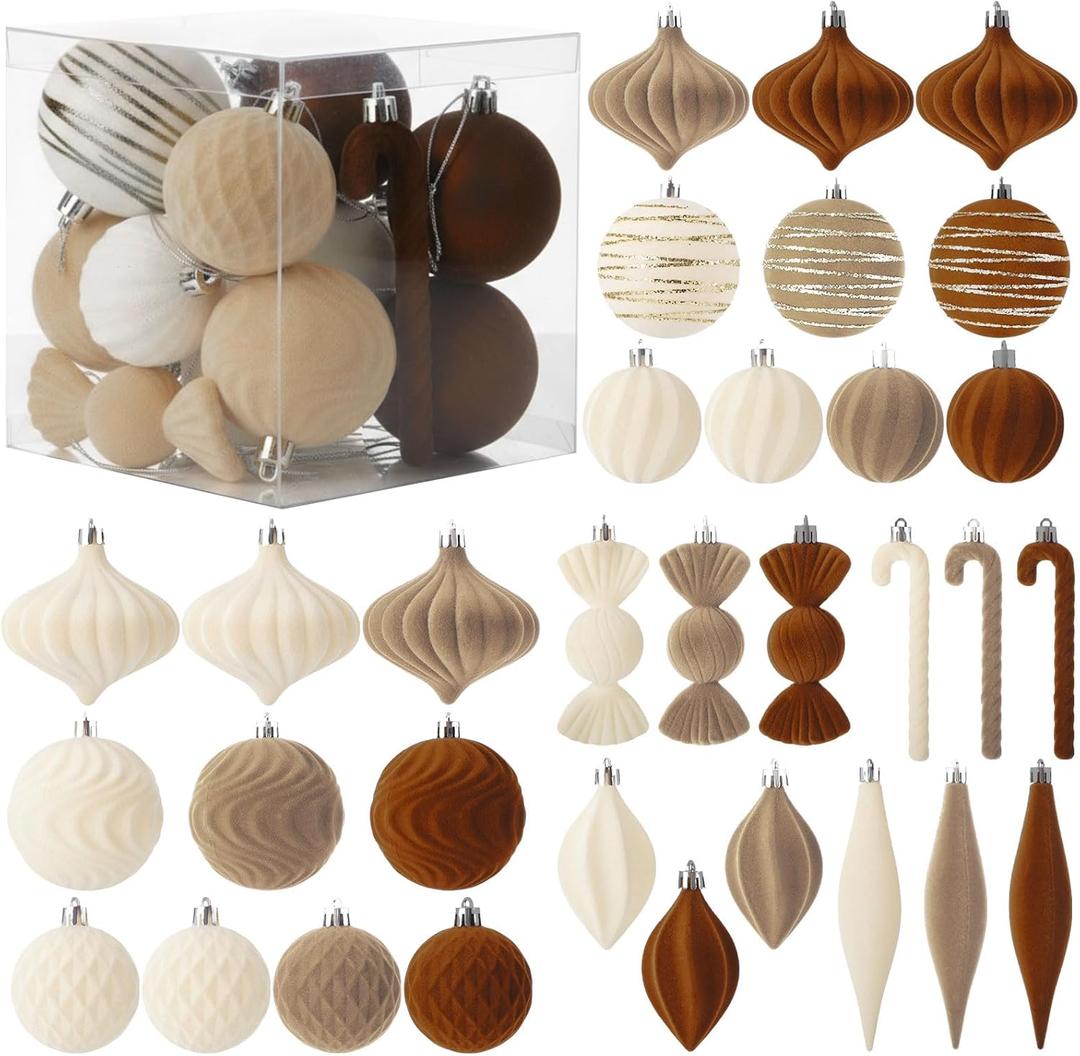 Soulchen 32 Pcs Velvet Christmas Tree Ornaments Ball Set Shatterproof Flocked Christmas Decorations Ball Bulk for Tree Decorative Hanging Garland Ornaments Xmas Holiday Party Decor(Mixed Khaki)
