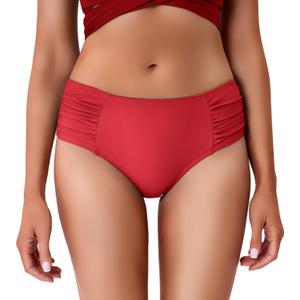 Mid Rise Full Coverage Bikini Bottoms for Women Ruched Bathing Suit Bottoms Red XL