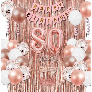 80th Birthday Decorations for Women, Happy 80th Birthday Banner, Balloon, Cake Topper, Sash and Crown, Rose Gold 80 Birthday Party Decorations for Women