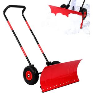 Snow Shovel with Wheels,29" Snow Removal Tool with Metal Angled Blade,Snow plow Shovel with Adjustable Handle for Doorway Sidewalk Driveway Snow Clean,Snow Pusher with Ergonomic Double Rod Handle