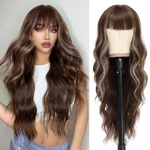 NAYOO Brown Wigs with Bangs for Women Long Curly Wavy Hair Wigs Heat Resistant Synthetic Fiber Wigs for Daily Party Use 24 Inches (Brown Mixed Blonde)