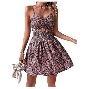 SOLY HUX Women's Summer Floral Print Dress Tie Front Cut Out Shirred A Line Flowy Cami Dresses Vacation Sundress Multicoloured Floral, Large