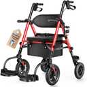 Walkers for Seniors, 2 in 1 Rollator Wheelchairs Combo 10" Big Wheels Walker with Seat, Rollator Transport Chair with Brakes Folding Rolling Walker for Adults, Red