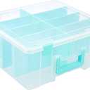 BTSKY Clear Plastic Dividing Storage Box with 8 Deep Compartments Adjustable Storage Bin with Lid Portable Craft Storage Container Multipurpose Sewing Box Art Supply Organizer, 15.1x13.9x6.1 Inches