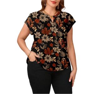 BEAUDRM Women's Plus Size Floral Blouse Retro Cap Sleeve V Neck Vacation Going Out Tops Shirt (XL)