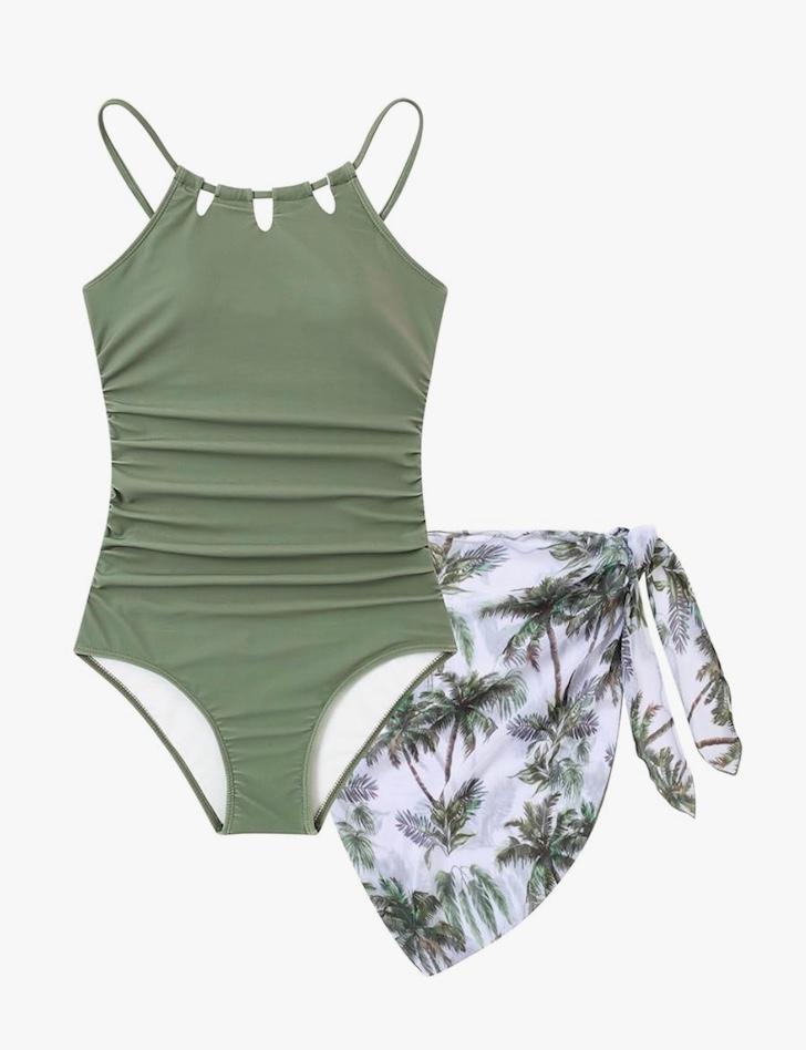 Girls Swimsiut One-Piece Bathing Suit with Mesh Cover Ups Adjustable Straps Cut Out Swimwear, Size 9-10Y