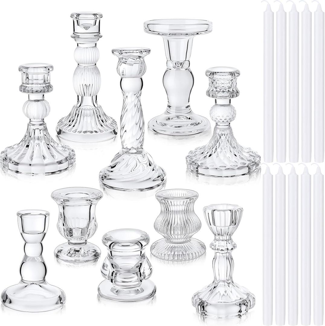 Mumufy 10 Sets Glass Crystal Taper Candle Holders Stand Centerpiece Bulk with 10 in Taper Candles Sticks Clear Decorations Table Wedding Dining Party (Transparent)