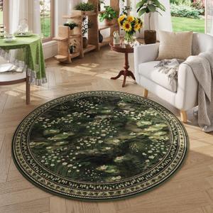 Rugcomf Circle Rug Impressionist-Style Vintage 5ft Round Rug Non Slip Low Pile Small Circular for Bedroom Bathroom Entryway Kids Room Office College Dorm, Green