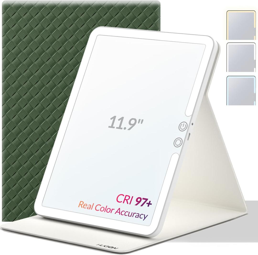Travel Makeup Mirror with Lights, Portable Lighted Vanity Mirror with 100 LED, Rechargeable, Foldable for Tabletop, 11.9 inches, Green