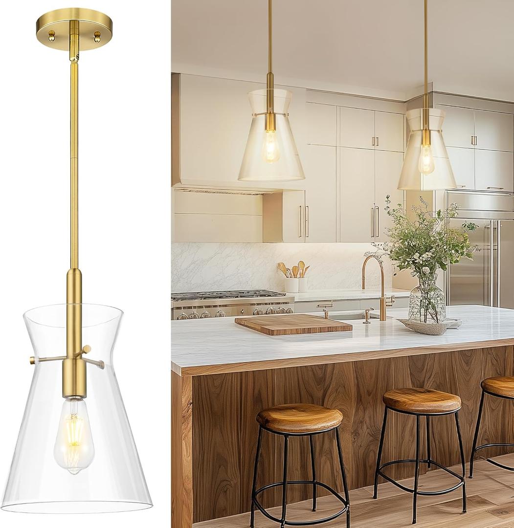 Emak 9 Inch Modern Pendant Lights Kitchen Island, Brushed Gold Pendant Light with Clear Glass Shade, Large Hanging Light Fixture for Kitchen, Dining Room, Bathroom, PL130-BGD-CG