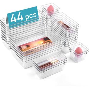 Vtopmart 44 PCS Clear Plastic Drawer Organizers Set, 4-Size Versatile Bathroom and Vanity Organizer Trays, Non-Slip Storage Containers for Makeup, Jewelries, Bedroom，Kitchen Utensils and Office