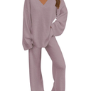 MEROKEETY Women's 2 Piece Outfits Fuzzy Fleece Pajama Set Long Sleeve Top Wide Leg Pants Loungewear, L