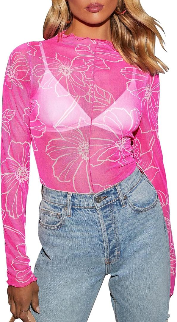 Women's Sheer Floral Long Sleeve Layering Top Ruffled Mock Neck Sheer Blouse for Casual Brunch Party Club Night Date Outfits (Medium, Floral Hot Pink)